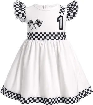 Kids Girls 1st 2nd Birthday Race Car Driver Costume Flutter Sleeve Ruffle Dress Racer Costume