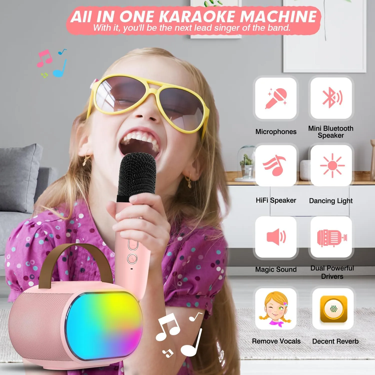 Kids Karaoke Microphone Machine with Dual Drivers, Toys for 3, 4, 5, 6, 7, 8, 9, 10, 11, 12  Kids, Christmas Birthday Gift for 3-12 Years Old Girls Boy Teens Adults Toddlers Party (Pink)