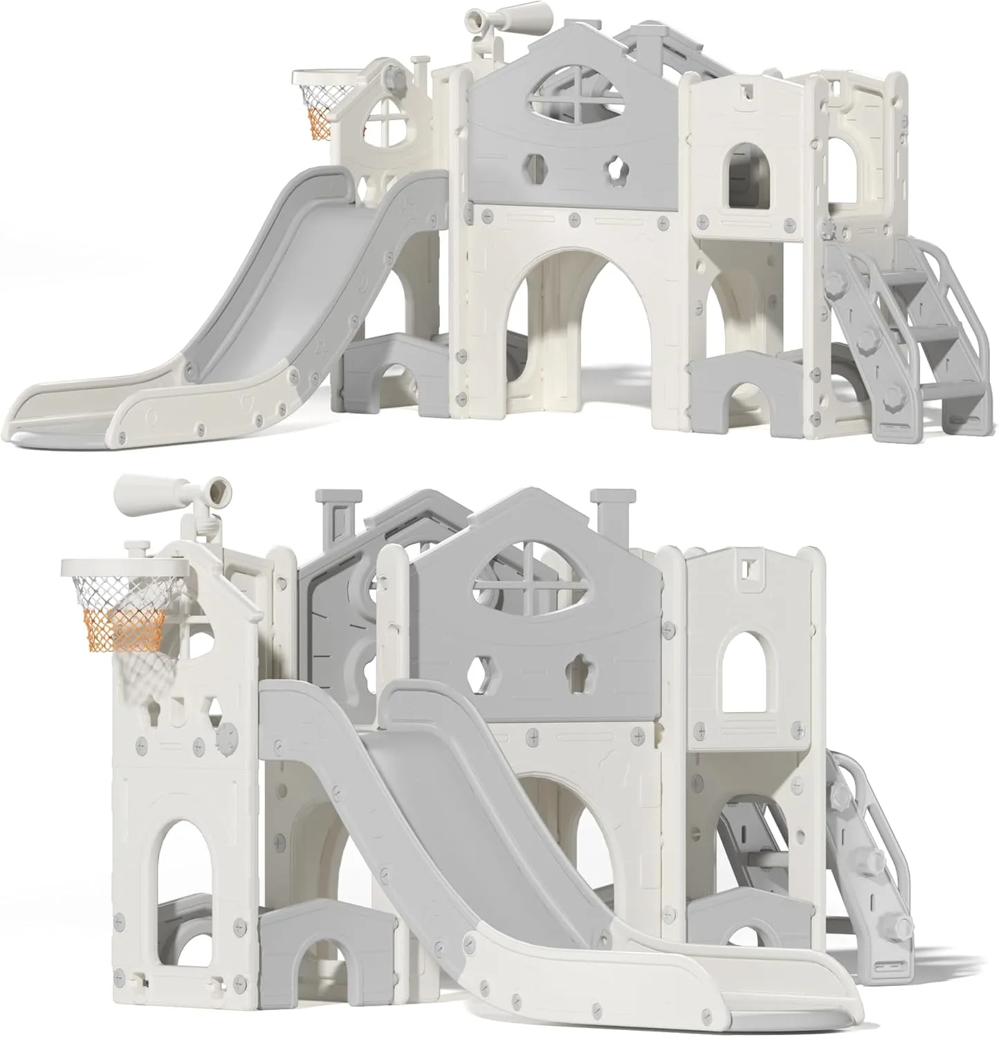 Kids Slide Playset with Climber, Toddlers Slide Freestanding Castle with Basketball, Storage Area, Tunnel for Indoors and Outdoors, Gift for Children, Gray and White