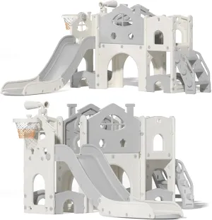 Kids Slide Playset with Climber, Toddlers Slide Freestanding Castle with Basketball, Storage Area, Tunnel for Indoors and Outdoors, Gift for Children, Gray and White