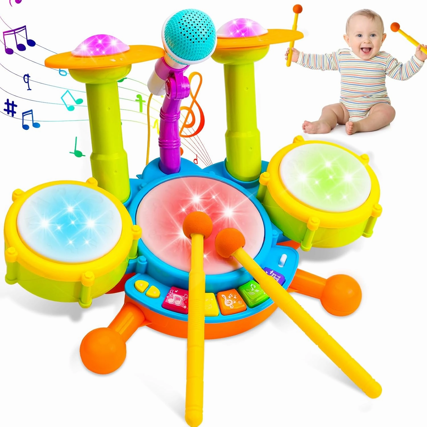 Kids Drum Set for Toddlers 1-3 Musical Baby Toys for 1 Year Old Boy Gifts Montessori Baby Girl Toys with Microphone Light Up Learning Toys Birthday Gifts for Infants 6 9 12 18 Months Toddler Age 1-2