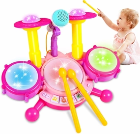 Kids Drum Set for Toddlers 1-3, Toddler Drum Set Toys for 1   Year Old Girl with 2 Drum Sticks, Beats Flash Light and Microphone Baby Drum Set 1 Year Old Girl Gifts First Birthday Gifts for Girls 1-6