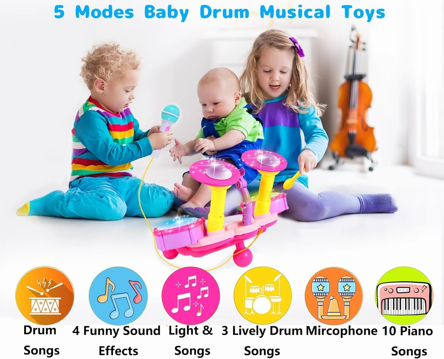 Kids Drum Set for Toddlers 1-3, Toddler Drum Set Toys for 1   Year Old Girl with 2 Drum Sticks, Beats Flash Light and Microphone Baby Drum Set 1 Year Old Girl Gifts First Birthday Gifts for Girls 1-6