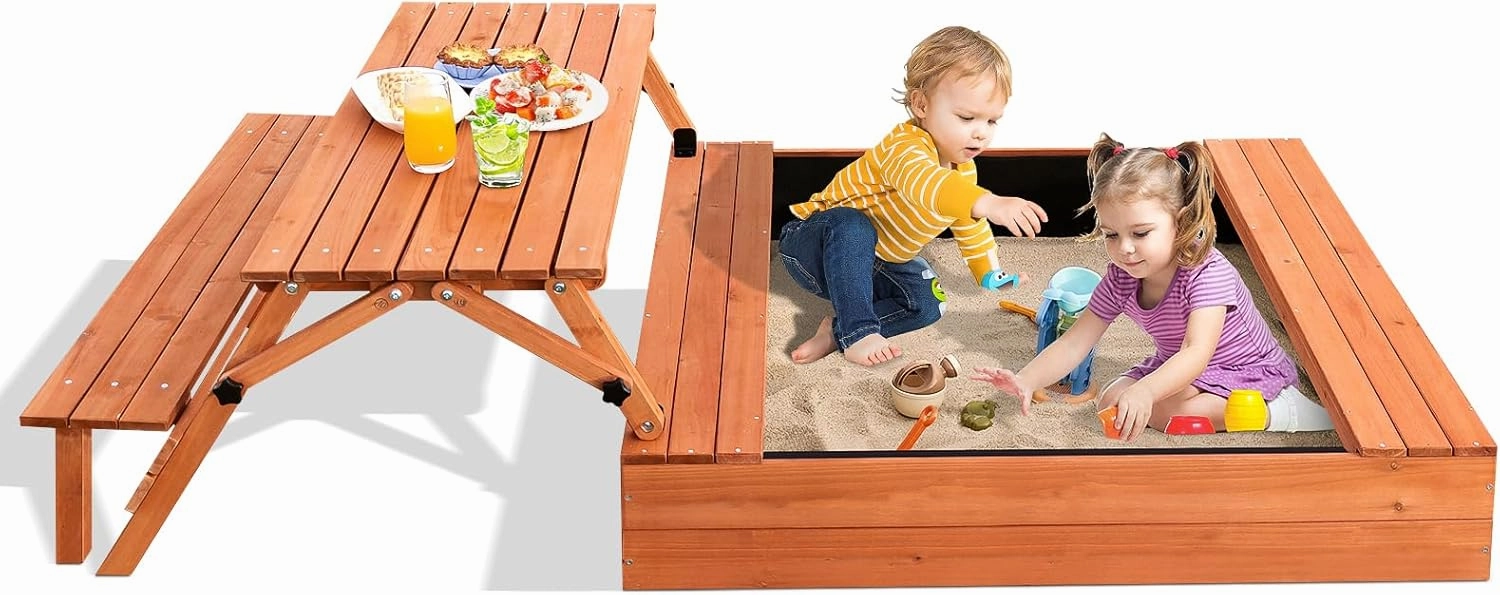 Kids Outdoor Wooden Sandbox Large Kids Sand Box with Lid Sand Box with Cover Gift for Ages 2-8 Foldable Picnic Table and Seat Bottom Liner Included