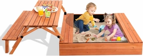 Kids Outdoor Wooden Sandbox Large Kids Sand Box with Lid Sand Box with Cover Gift for Ages 2-8 Foldable Picnic Table and Seat Bottom Liner Included