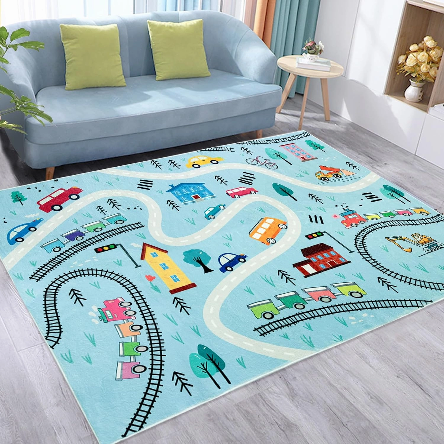 Kids Play Mat 6Ft Large Car Rug Blue Road Map Playroom Carpet Road Traffic Adventure Area Rug for Toddlers Boys Girls Children Educational Mat for Bedroom Nursery Decor, 4x6Ft, Blue