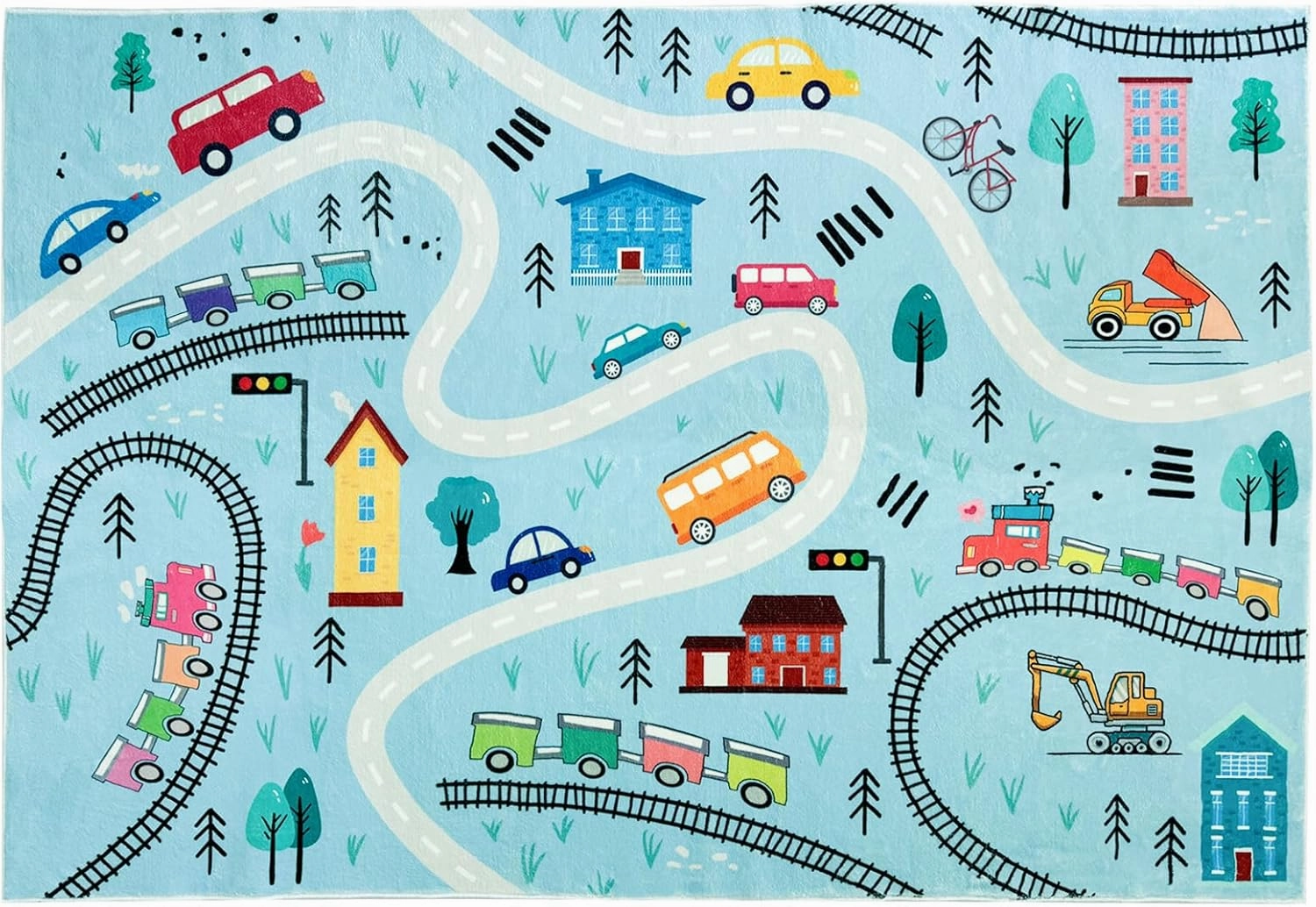 Kids Play Mat 6Ft Large Car Rug Blue Road Map Playroom Carpet Road Traffic Adventure Area Rug for Toddlers Boys Girls Children Educational Mat for Bedroom Nursery Decor, 4x6Ft, Blue