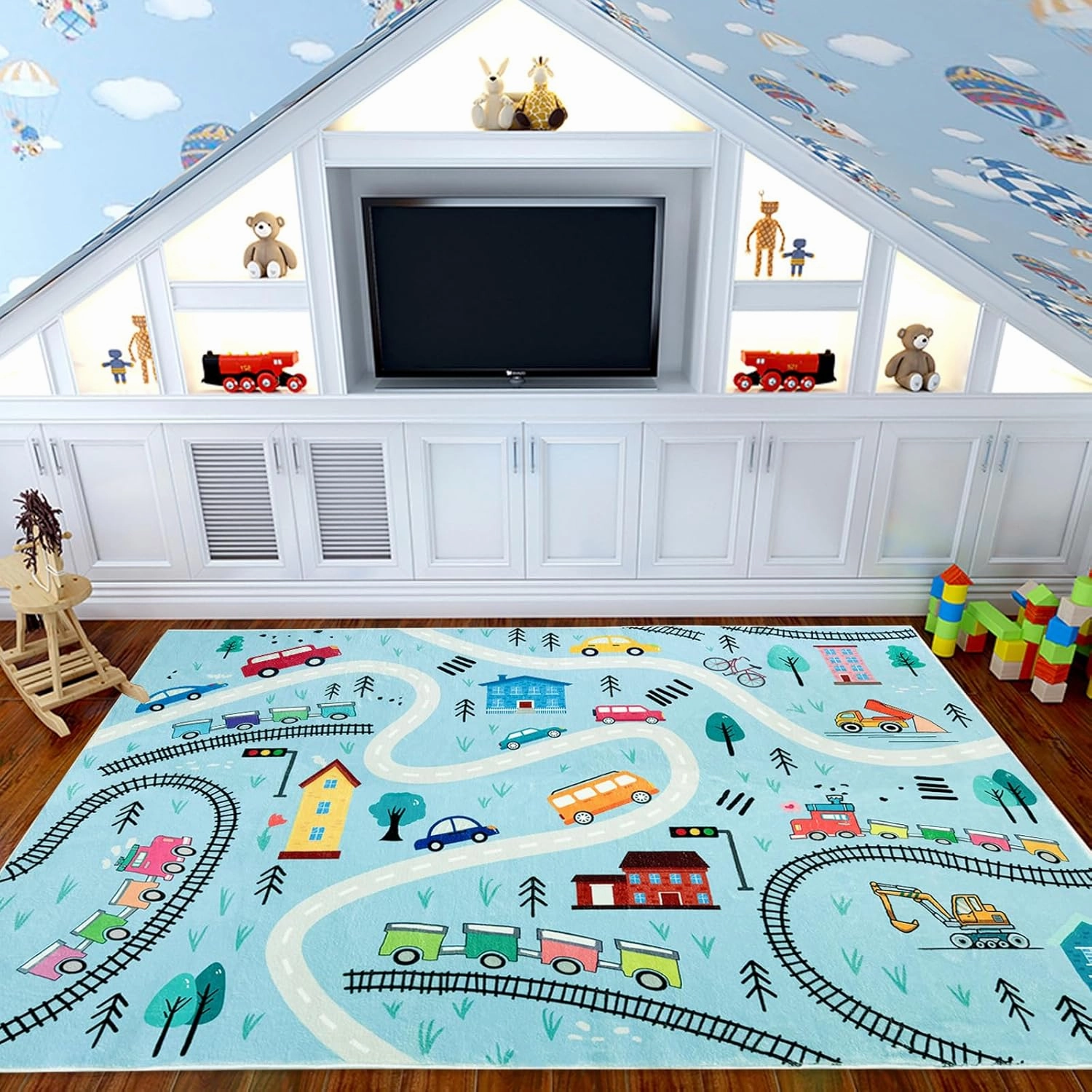 Kids Play Mat 6Ft Large Car Rug Blue Road Map Playroom Carpet Road Traffic Adventure Area Rug for Toddlers Boys Girls Children Educational Mat for Bedroom Nursery Decor, 4x6Ft, Blue