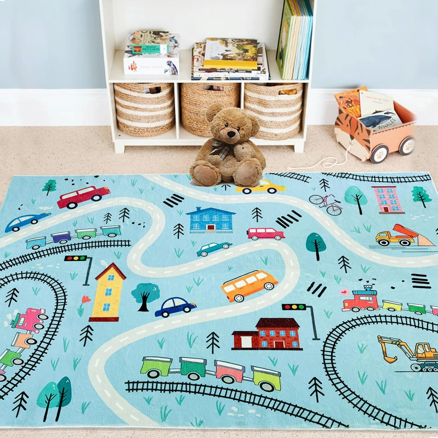 Kids Play Mat 6Ft Large Car Rug Blue Road Map Playroom Carpet Road Traffic Adventure Area Rug for Toddlers Boys Girls Children Educational Mat for Bedroom Nursery Decor, 4x6Ft, Blue