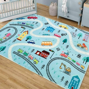 Kids Play Mat 6Ft Large Car Rug Blue Road Map Playroom Carpet Road Traffic Adventure Area Rug for Toddlers Boys Girls Children Educational Mat for Bedroom Nursery Decor, 4x6Ft, Blue
