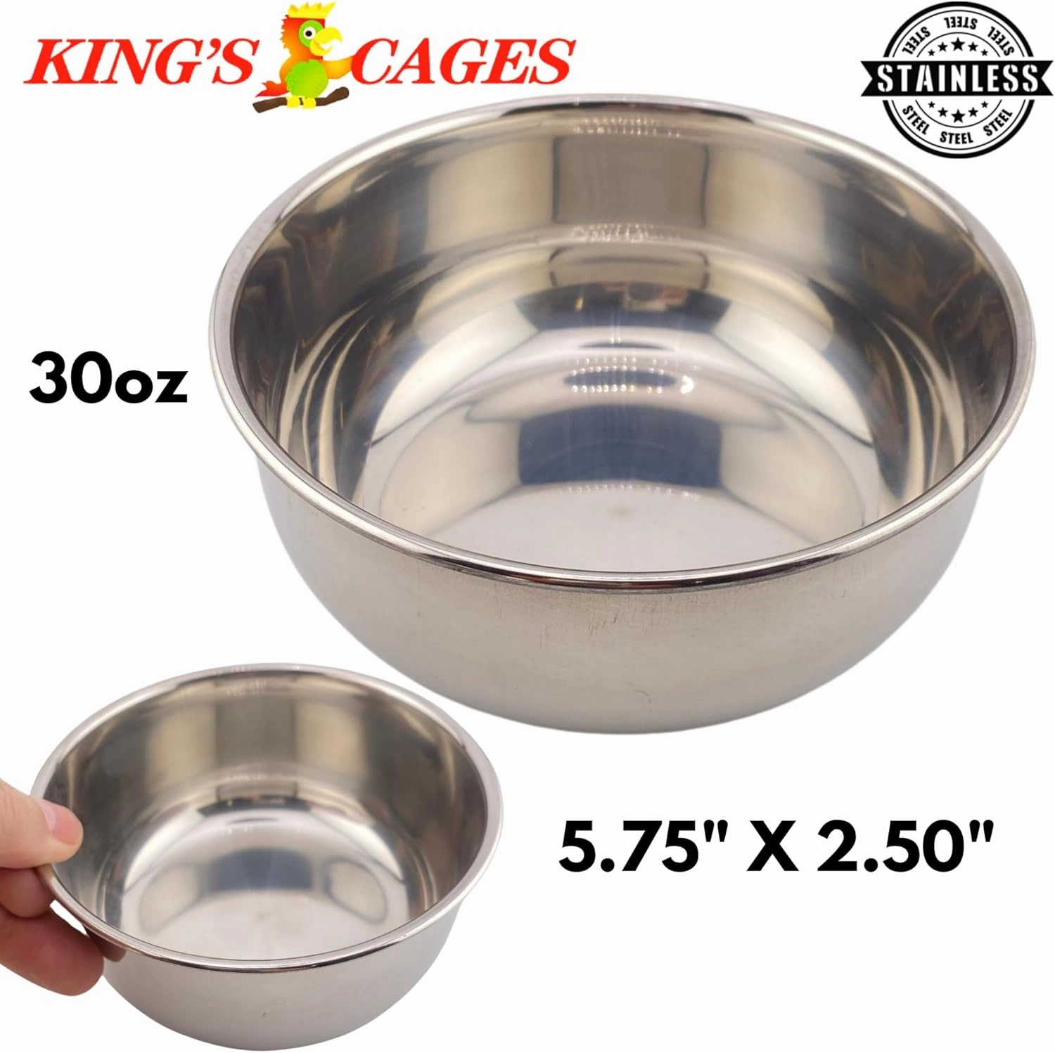 Kings Cages Round Stainless Steel Bowls Cage Feeders Seed Water Parrot Treat Pet, Cockatiel, Parakeet, Conure, Amazon, African Grey, and Similar Breed Sizes (2759 30oz Stainless Steel Bowl)