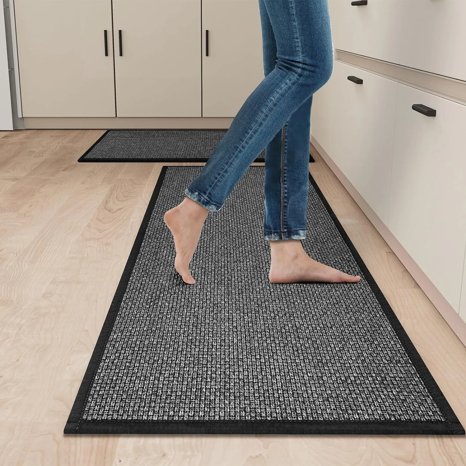 Kitchen Mat Set of 2 PCS, Cushioned Non Slip Rugs for Kitchen Floor, Absorbent Runner Comfort Standing Mats Washable for Kitchen, Office, Home, 17.3"x47" 17.3"x30" (Black)