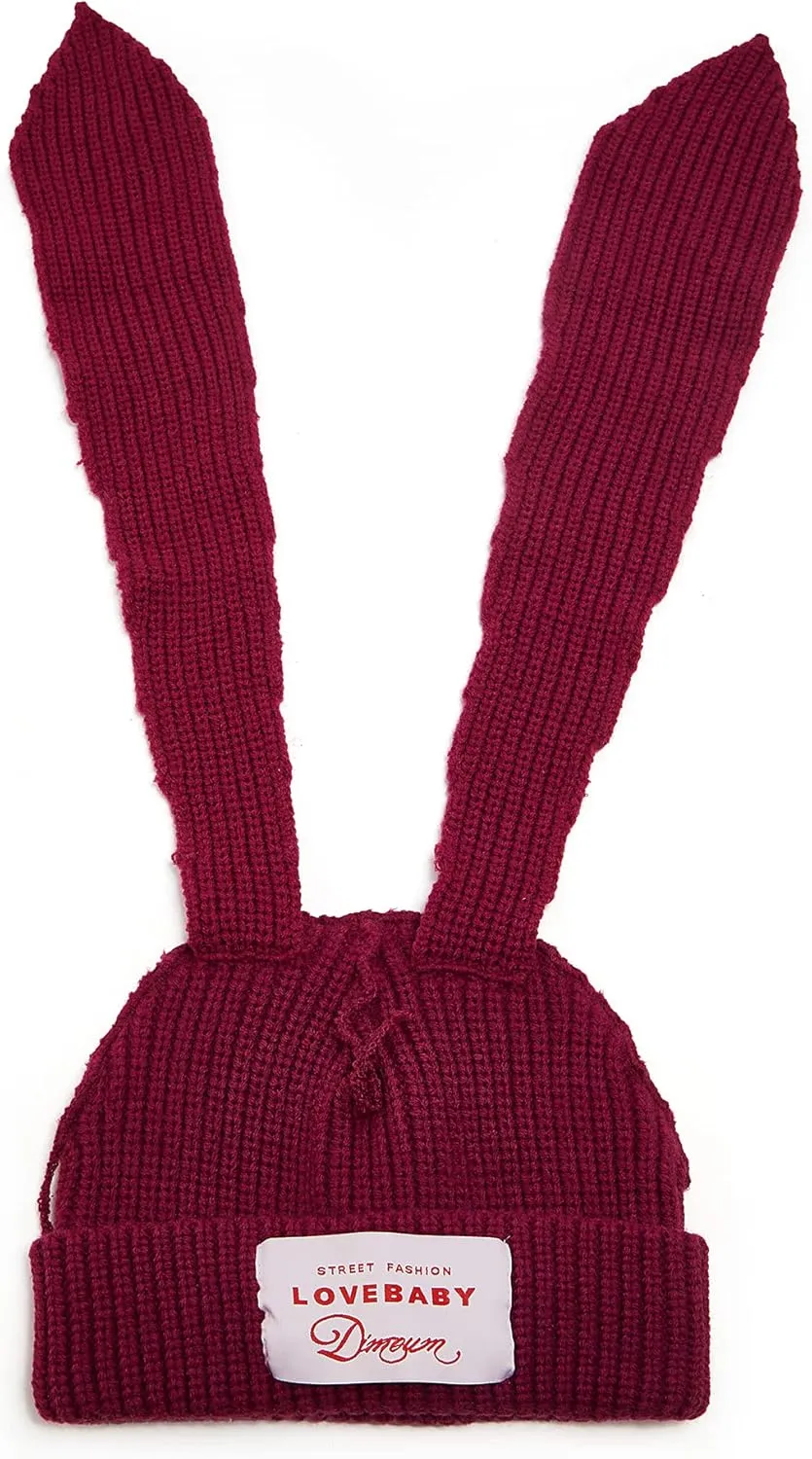 Knit Beanie Hats Cute Bunny Long Ears Funny Hat Fluffy Winter Cap Warm Knit Rabbit Crochet Skull Cap Outdoor Slouchy Hat