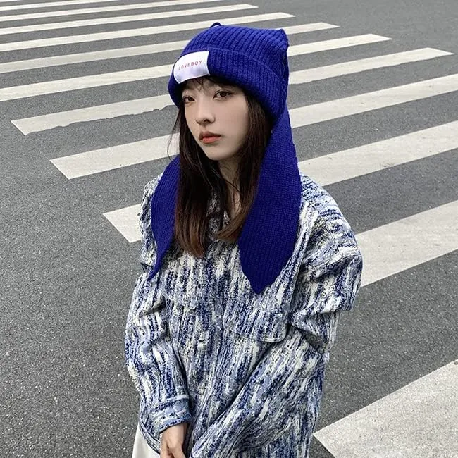 Knit Beanie Hats Cute Bunny Long Ears Grunge Hat Fluffy Winter Cap Warm Knit Rabbit Crochet Outdoor Slouchy Hat