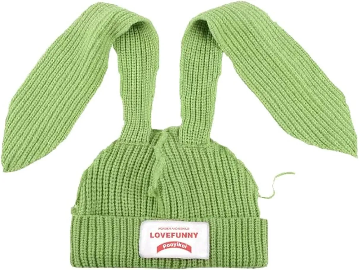 Knit Beanie Hats Cute Bunny Long Ears Grunge Hat Fluffy Winter Cap Warm Knit Rabbit Crochet Outdoor Slouchy Hat