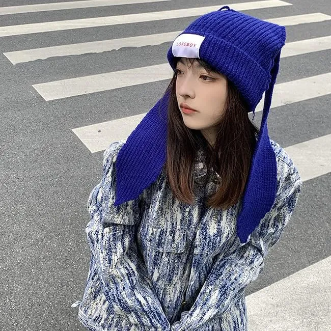 Knit Beanie Hats Cute Bunny Long Ears Grunge Hat Fluffy Winter Cap Warm Knit Rabbit Crochet Outdoor Slouchy Hat