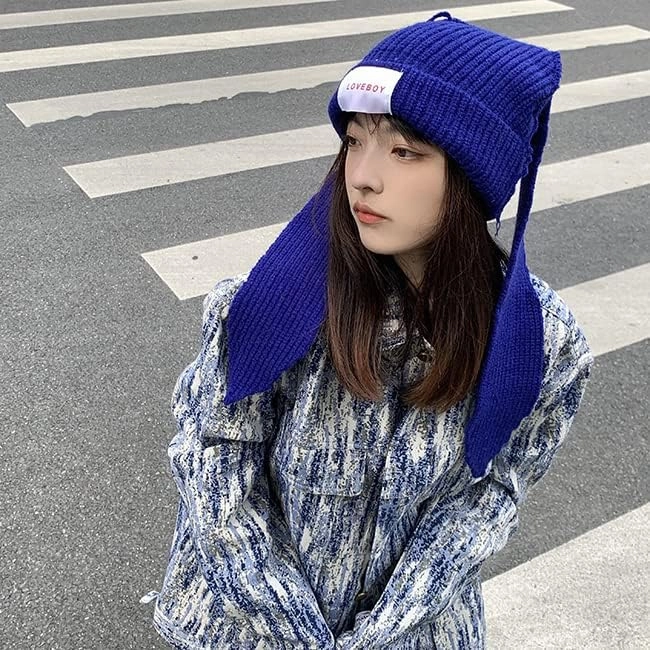 Knit Beanie Hats Cute Bunny Long Ears Grunge Hat Fluffy Winter Cap Warm Knit Rabbit Crochet Outdoor Slouchy Hat
