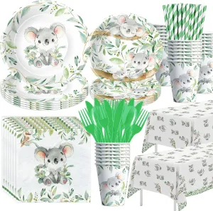 Koala Birthday Party Supplies - Koala Theme Birthday & Baby Shower Decorations Dinnerware, Plates, Cups, Napkins, Tablecloth, Cutlery, Safari Jungle Animal Koala Bear Party Supplies | Serve 24