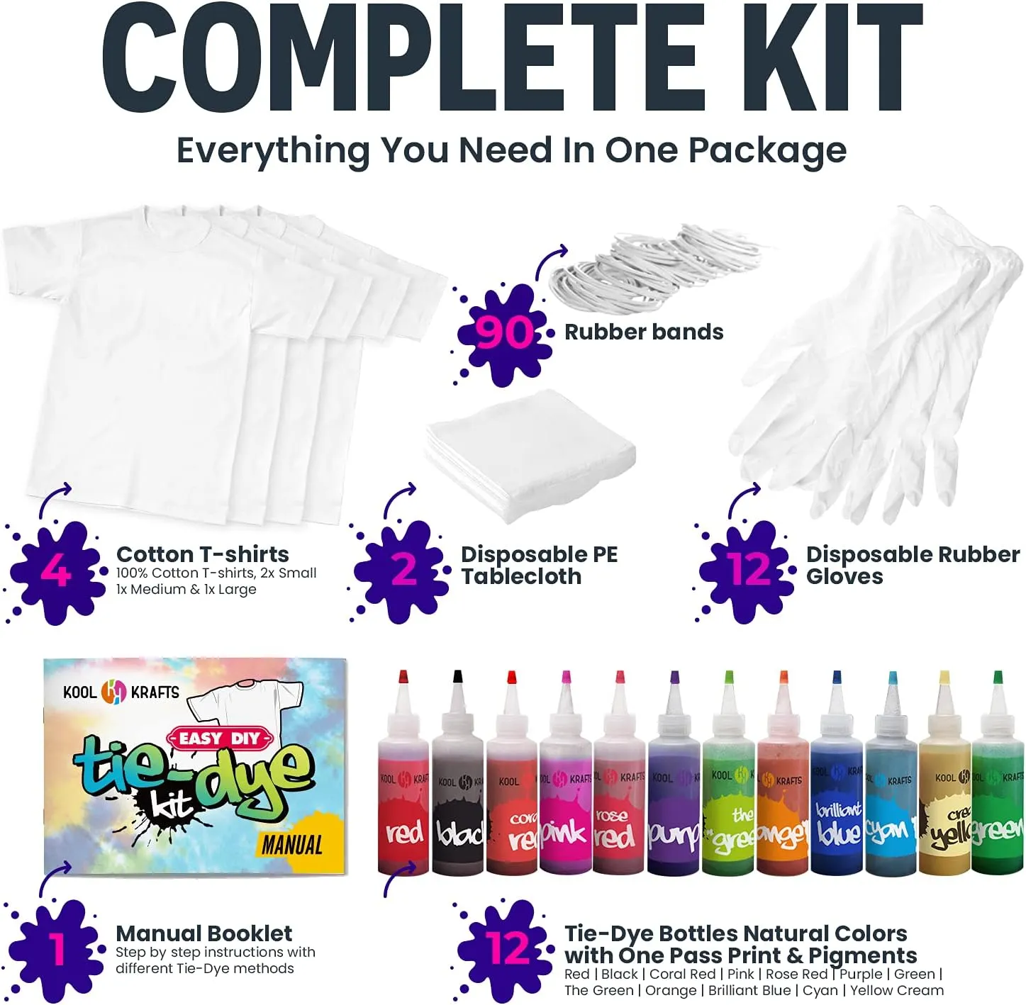 KOOL KRAFTS Tie Dye Kit, All-Inclusive with 12 Vibrant Colors,   4 White T-Shirts - Perfect for Kids & Adults - Fun Tie Dye Party Supplies, Tie Dye Kits for Children Age 8-12, Tie Dye Kit.