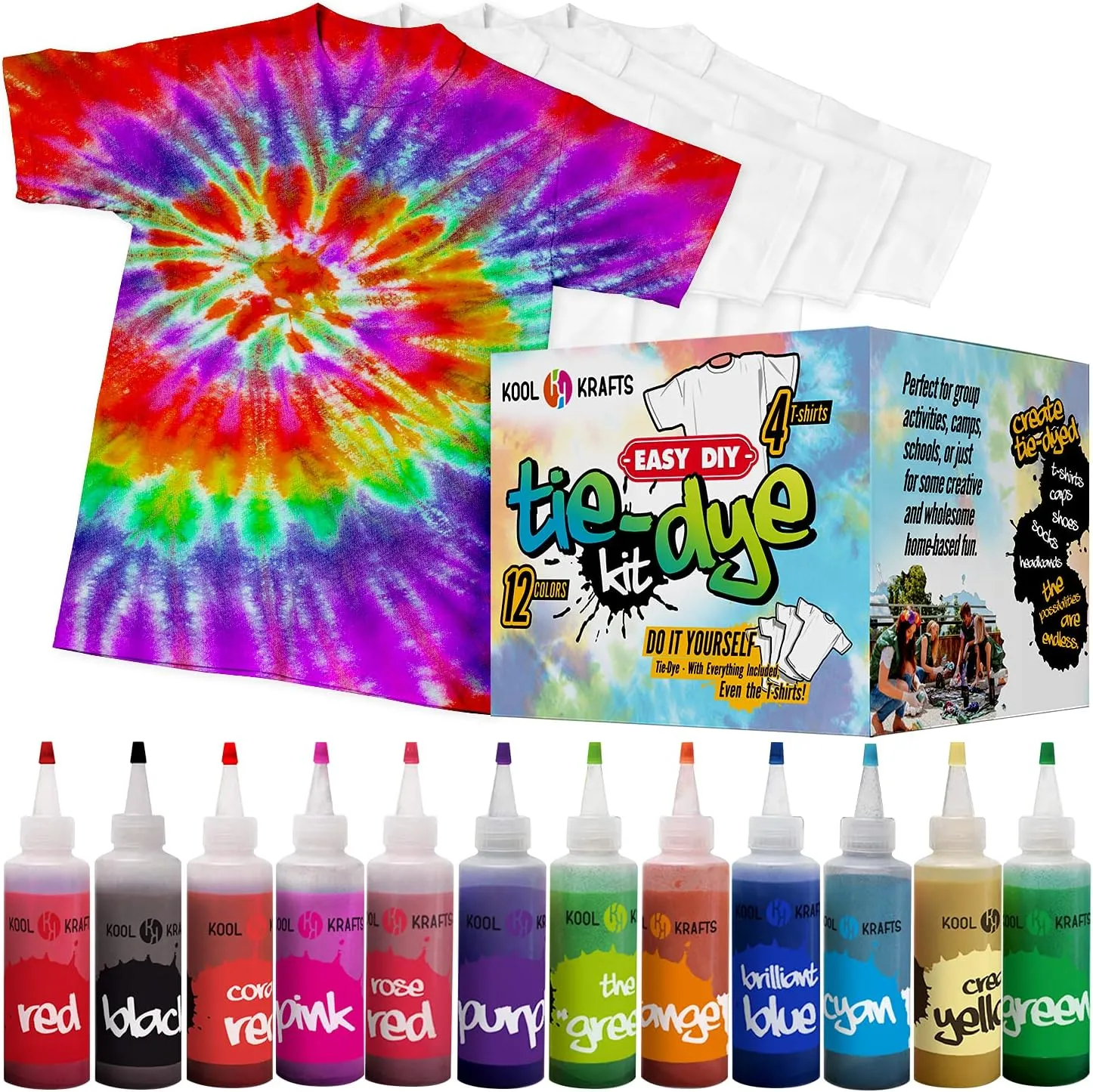 KOOL KRAFTS Tie Dye Kit, All-Inclusive with 12 Vibrant Colors,   4 White T-Shirts - Perfect for Kids & Adults - Fun Tie Dye Party Supplies, Tie Dye Kits for Children Age 8-12, Tie Dye Kit.