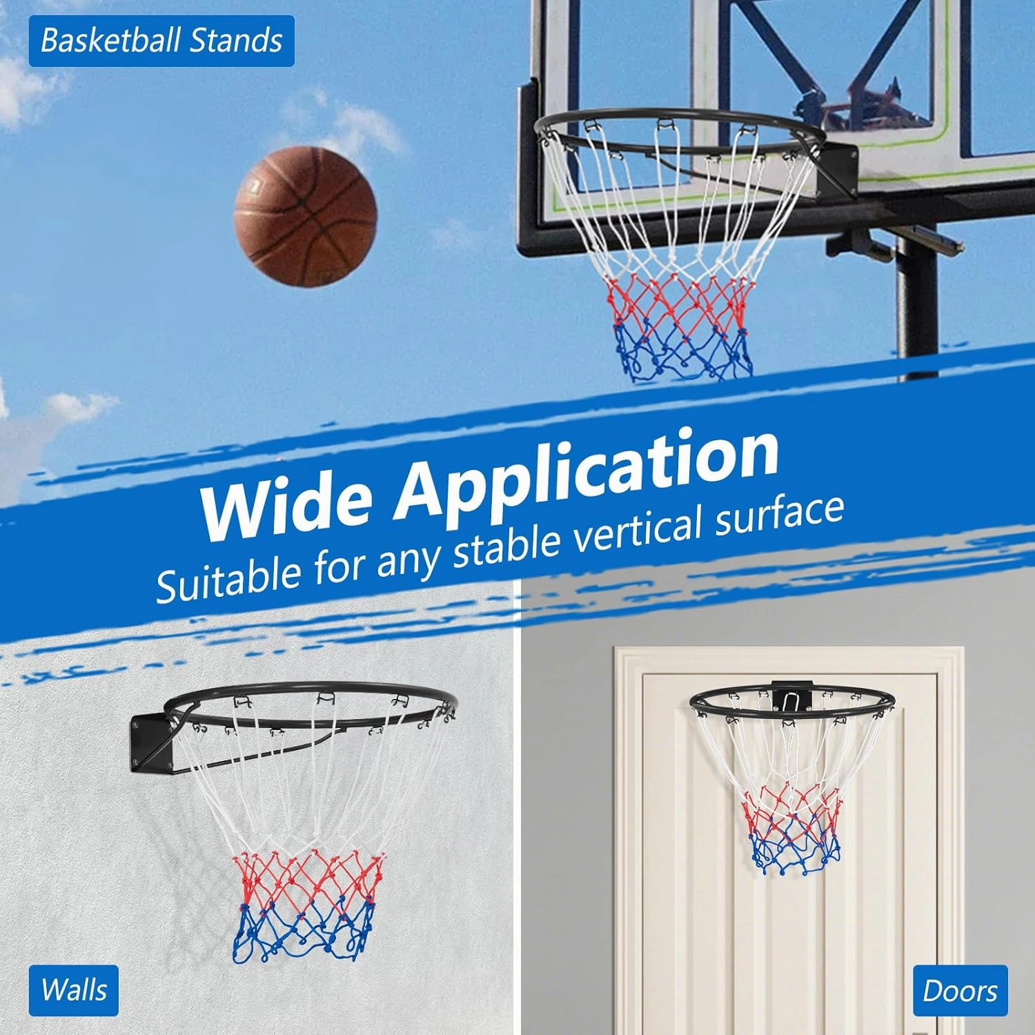 KOTEK 15"/18" Basketball Rim, Wall Door Mounted Basketball Hoop Replacement with All Weather Net, Basketball Rim Goal for Indoor Outdoor Driveway Garage Backyard