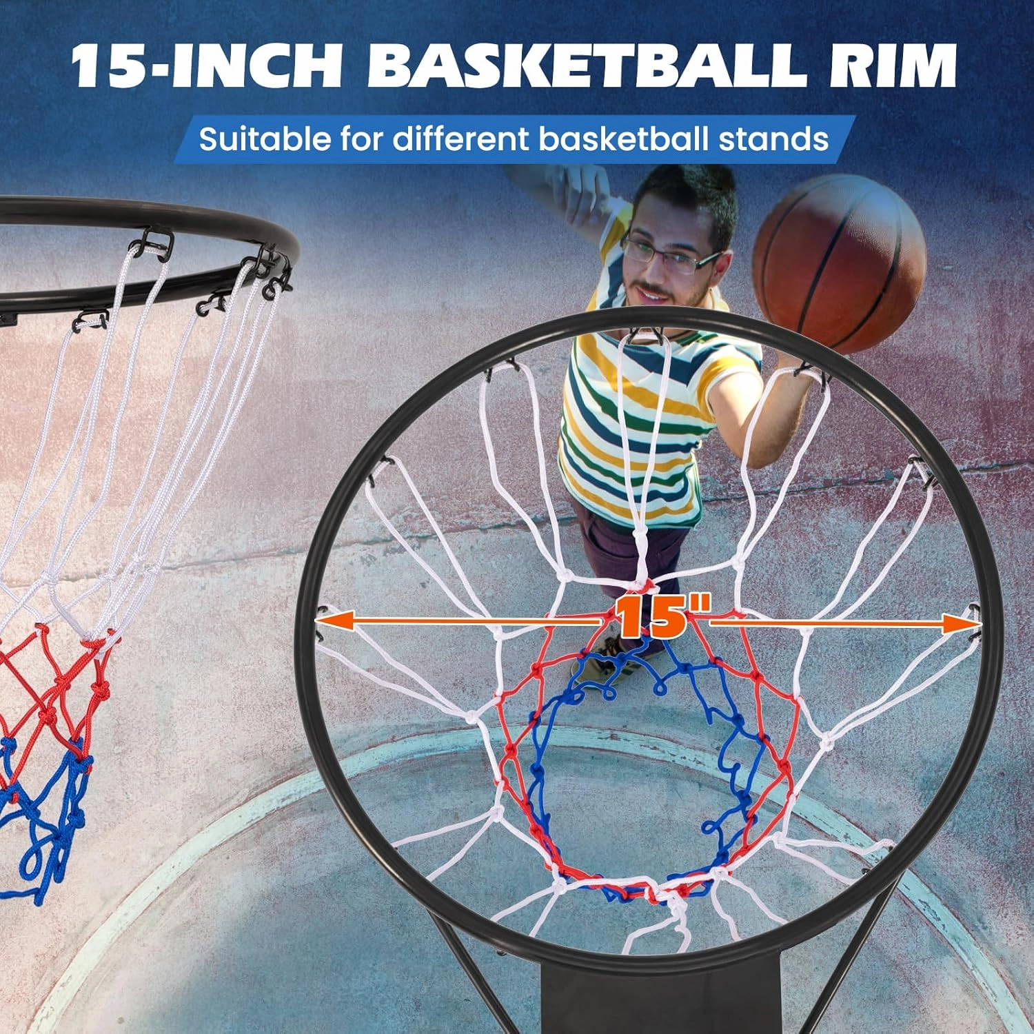 KOTEK 15"/18" Basketball Rim, Wall Door Mounted Basketball Hoop Replacement with All Weather Net, Basketball Rim Goal for Indoor Outdoor Driveway Garage Backyard