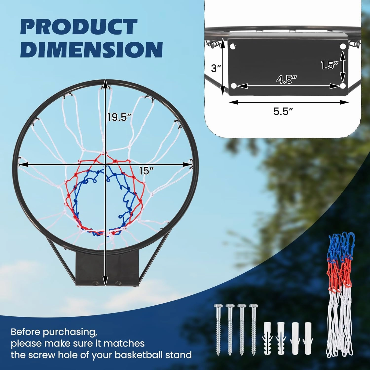 KOTEK 15"/18" Basketball Rim, Wall Door Mounted Basketball Hoop Replacement with All Weather Net, Basketball Rim Goal for Indoor Outdoor Driveway Garage Backyard