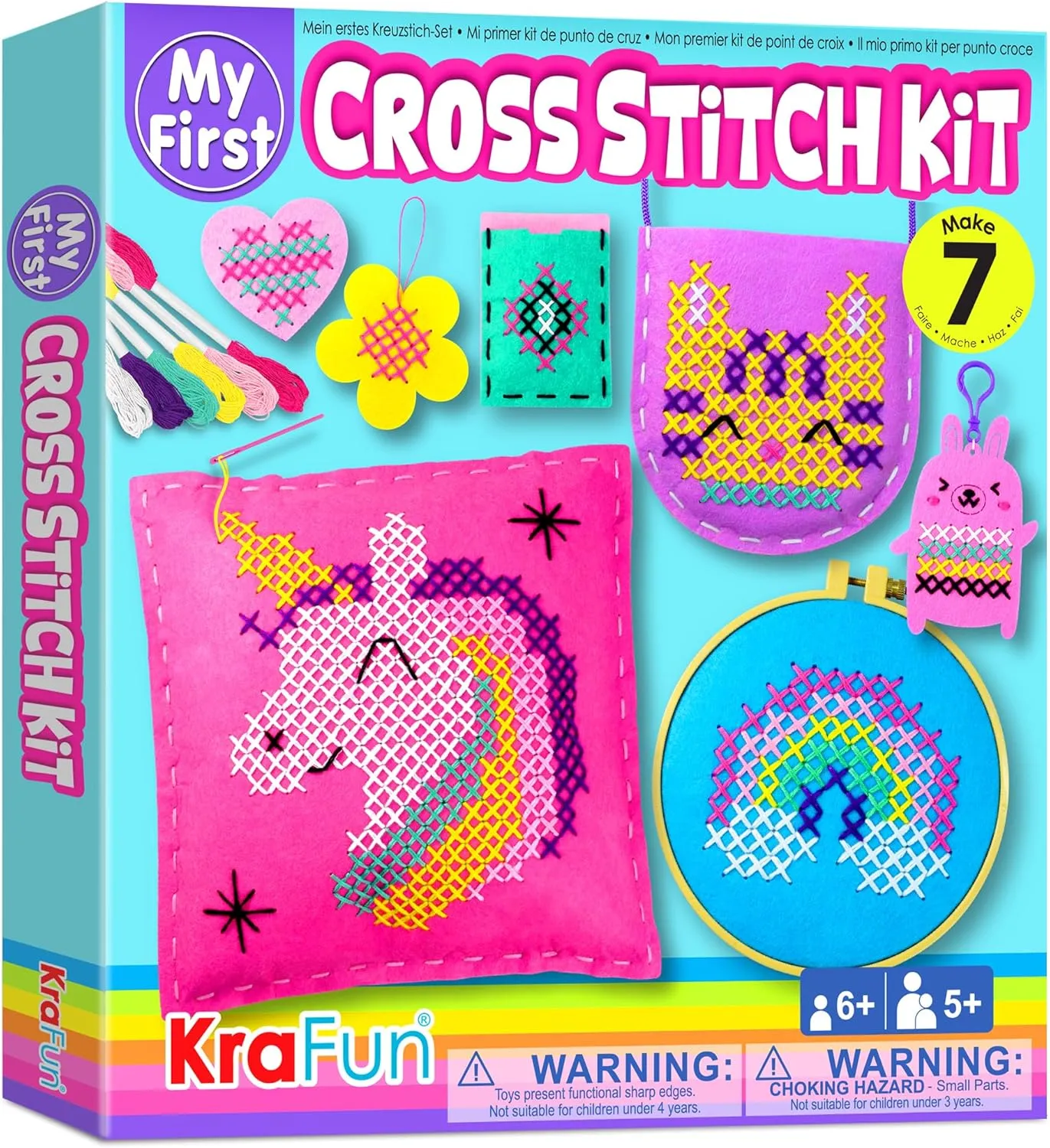 KRAFUN Beginner My First Cross Stitch Kit for Kids Arts & Crafts, 6 Easy Projects of Felt Keyring, Bag, Pillow Craft, Instructions, Gift for Girls and Boys, Learn DIY Crafting, Embroidery