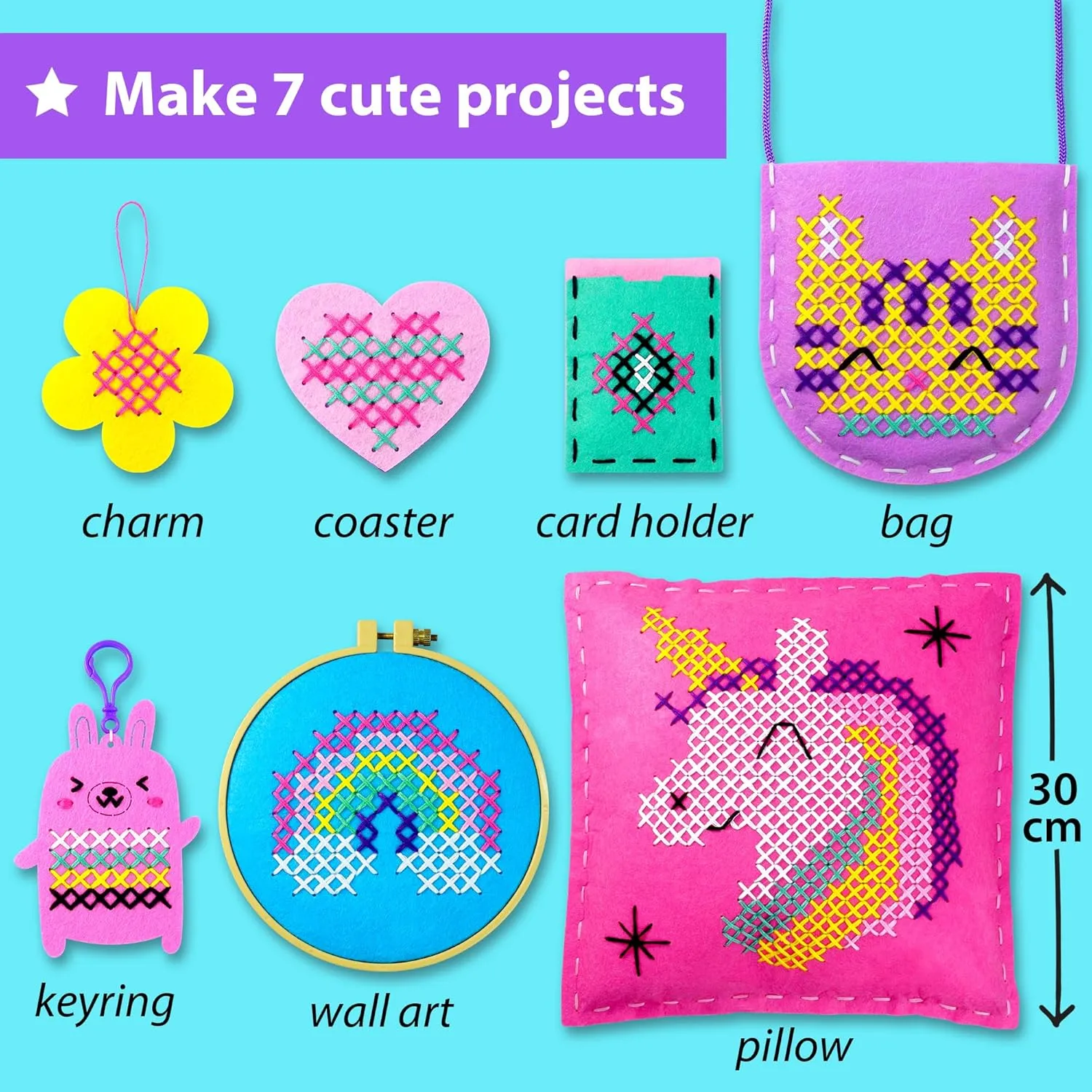 KRAFUN Beginner My First Cross Stitch Kit for Kids Arts & Crafts, 6 Easy Projects of Felt Keyring, Bag, Pillow Craft, Instructions, Gift for Girls and Boys, Learn DIY Crafting, Embroidery