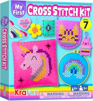 KRAFUN Beginner My First Cross Stitch Kit for Kids Arts & Crafts, 6 Easy Projects of Felt Keyring, Bag, Pillow Craft, Instructions, Gift for Girls and Boys, Learn DIY Crafting, Embroidery