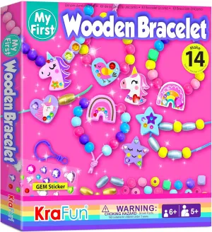 KRAFUN Unicorn Bracelet Craft Kit for Kids, Premium Wooden Beads, 14 Easy DIY Friendship Bracelets, Charms, Gem Stickers, Instructions, Gift for Girls