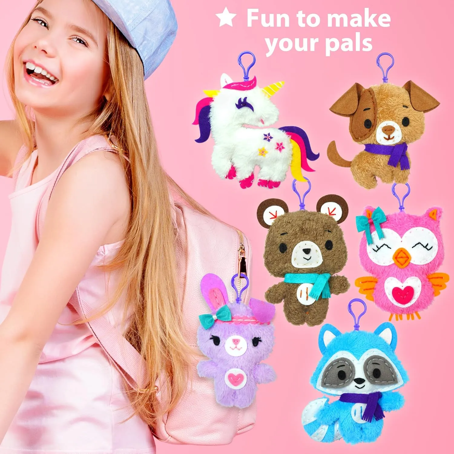 KRAFUN Unicorn Sewing Keyring Kit for Kids Age 7 8 9 10 11 12 Learn Art & Craft, Includes 6 Stuffed Animal Bear, Dog, Rabbit, Raccoon, Owl Dolls, Instruction & Felt Materials