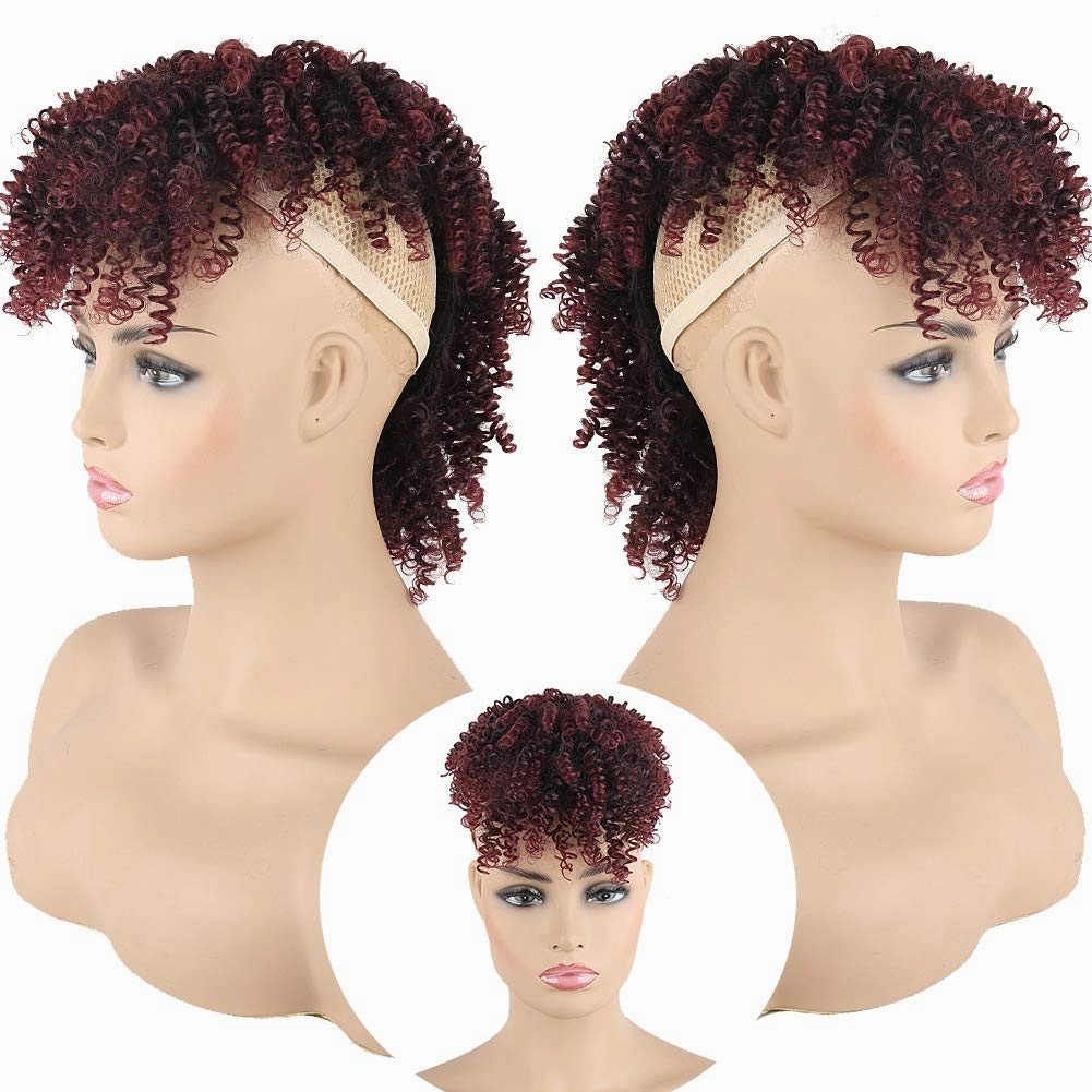 KRSI Women's Synthetic Red Wine Spring Curly Mohawk Wig with Bangs and Ponytail