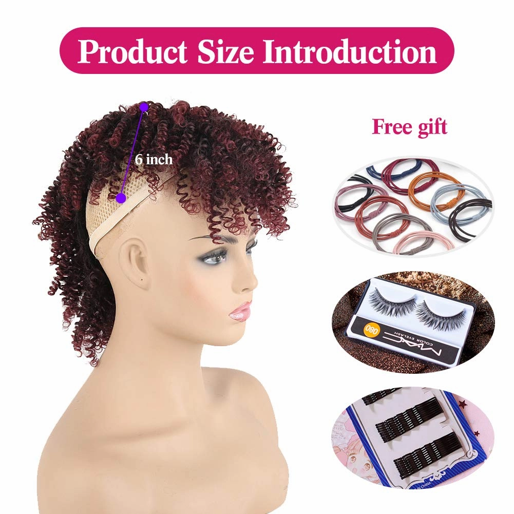 KRSI Women's Synthetic Red Wine Spring Curly Mohawk Wig with Bangs and Ponytail