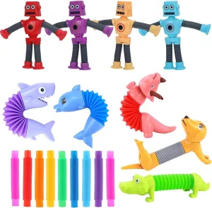Kryfa Telescopic Robot Suction Cup Toy, Pop Tube Animals for Kids 3-5, 5-7, 8-12, Sucker Pop Tube Robot, Robot Fidget Toys for Toddlers (18 Pack)