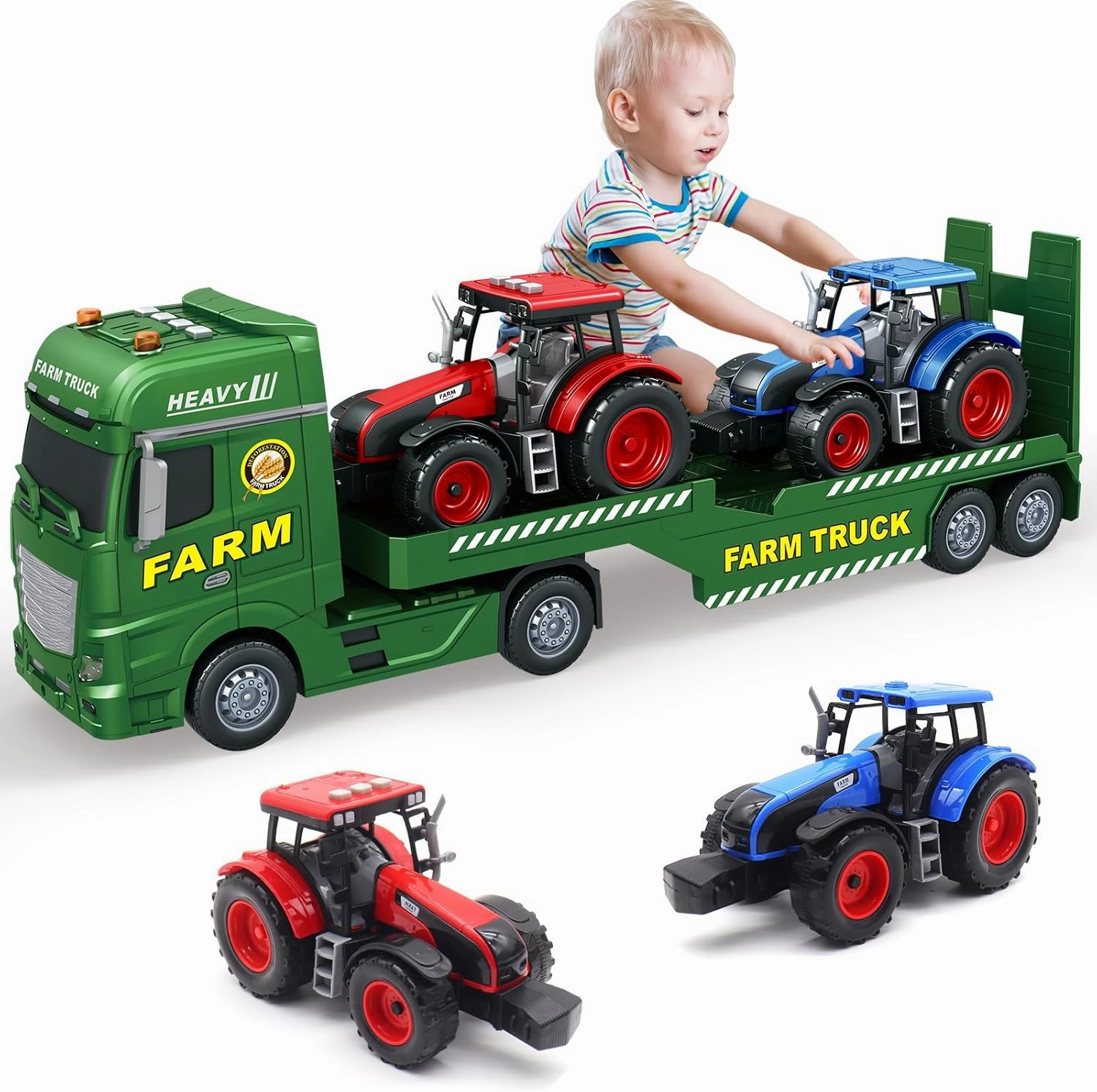 Large Flatbed Semi Truck, 25.6’’ Large Farm Truck Toy with 2 Tractors, Friction Powered Farm Transport Truck Tractor Toy with Light & Sound, Farm Toys Birthday Gift for Kids Aged 3-8
