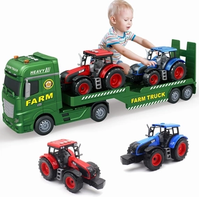 Large Flatbed Semi Truck, 25.6’’ Large Farm Truck Toy with 2 Tractors, Friction Powered Farm Transport Truck Tractor Toy with Light & Sound, Farm Toys Birthday Gift for Kids Aged 3-8