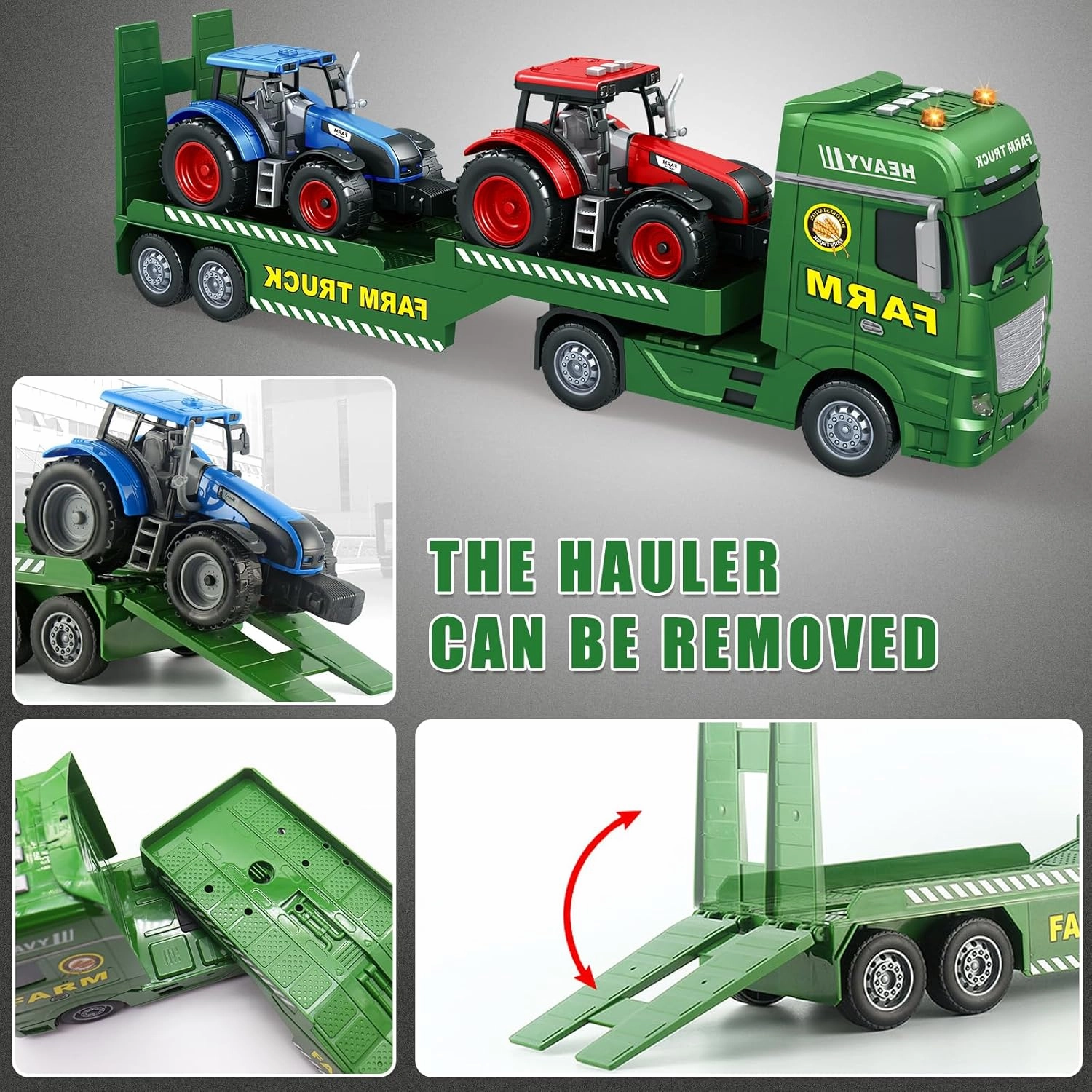 Large Flatbed Semi Truck, 25.6’’ Large Farm Truck Toy with 2 Tractors, Friction Powered Farm Transport Truck Tractor Toy with Light & Sound, Farm Toys Birthday Gift for Kids Aged 3-8