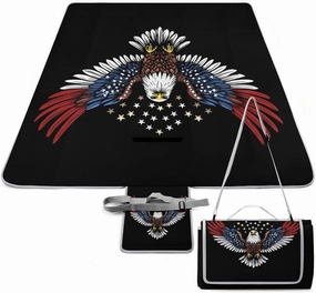 Large Waterproof Mat, Foldable American Flag and Bald Eagle Patriotic Black Blanket for Beach Camping Grass Lawn Park Accessories