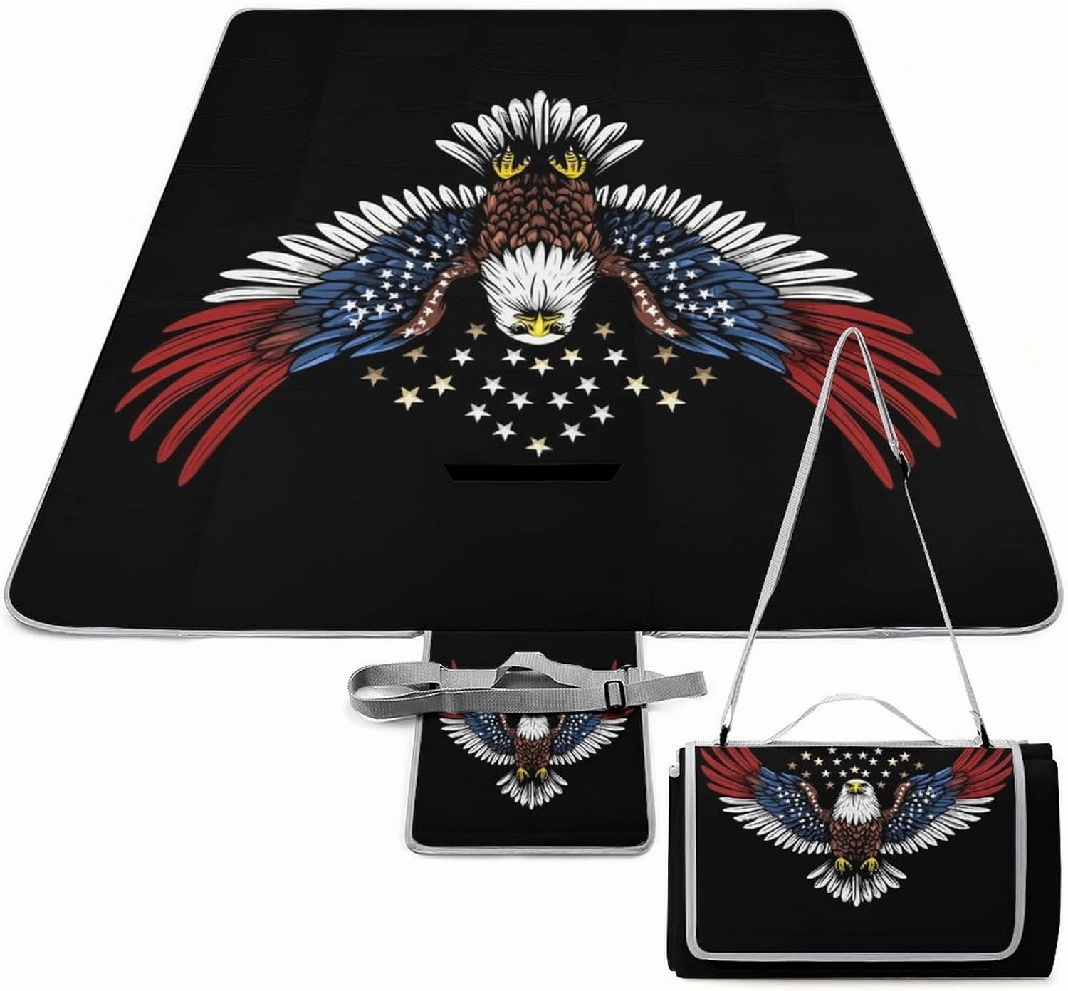 Large Waterproof Mat, Foldable American Flag and Bald Eagle Patriotic Black Blanket for Beach Camping Grass Lawn Park Accessories