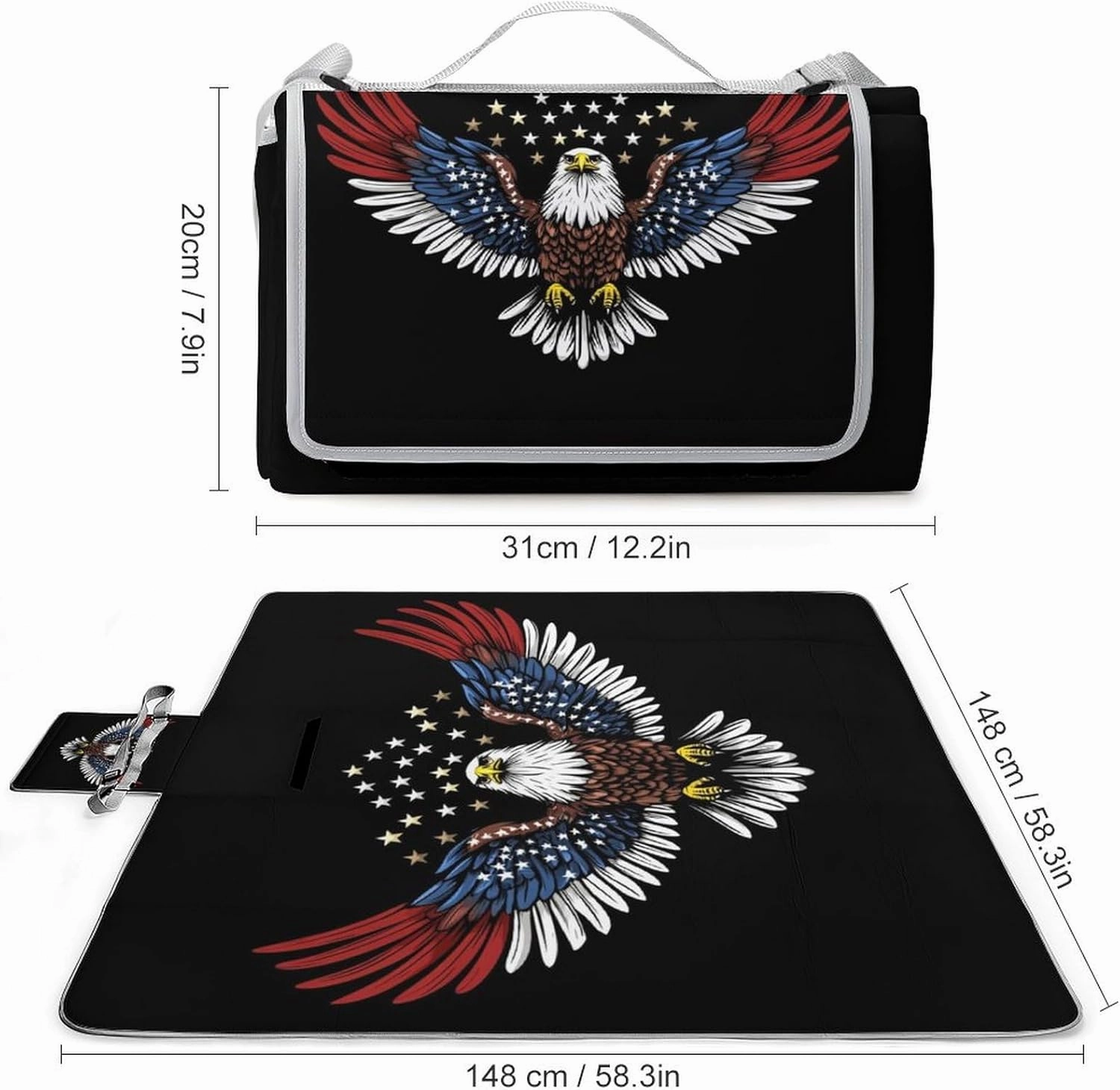 Large Waterproof Mat, Foldable American Flag and Bald Eagle Patriotic Black Blanket for Beach Camping Grass Lawn Park Accessories