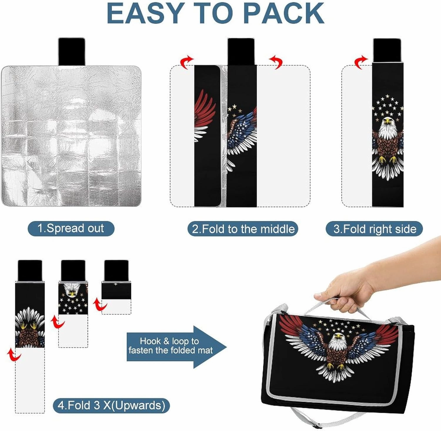 Large Waterproof Mat, Foldable American Flag and Bald Eagle Patriotic Black Blanket for Beach Camping Grass Lawn Park Accessories