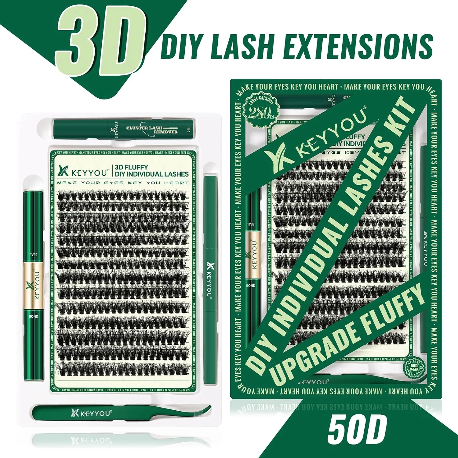 Lash Extension Kit 3D Effect Lash Clusters Kit 280pcs D Curl 9-18MIX Eyelash Extension Kit with Lash Bond and Seal,Tweezers,Remover and Brush for Volume(3D-50D-D-9-18MIX)