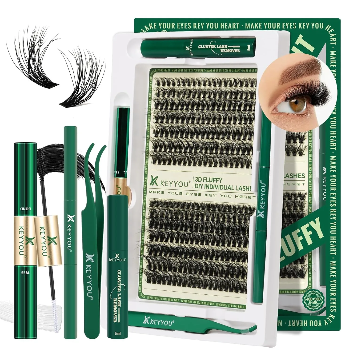 Lash Extension Kit 3D Effect Lash Clusters Kit 280pcs D Curl 9-18MIX Eyelash Extension Kit with Lash Bond and Seal,Tweezers,Remover and Brush for Volume(3D-50D-D-9-18MIX)
