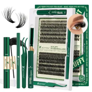 Lash Extension Kit 3D Effect Lash Clusters Kit 280pcs D Curl 9-18MIX Eyelash Extension Kit with Lash Bond and Seal,Tweezers,Remover and Brush for Volume(3D-50D-D-9-18MIX)