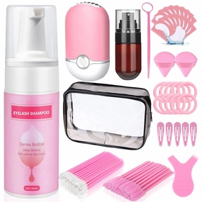 Lash Shampoo for Lash Extensions with Makeup bag, Gentle Mousse Lash Shampoo Deep Clean, Lash Wash for Eyelash Extensions with Air Conditioning Fan, Lash Cleaning Kit with Brush for Salon & Home Use