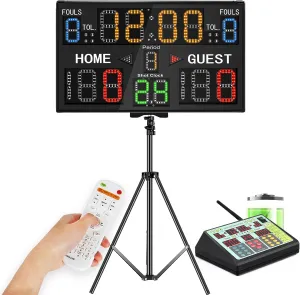 LED Basketball Scoreboard with Shot Clock, Large Digital Scoreboard with Control Panel & Remote & Tripod Multi-Purpose Electronic Scoreboard with Seven Scoring Modes