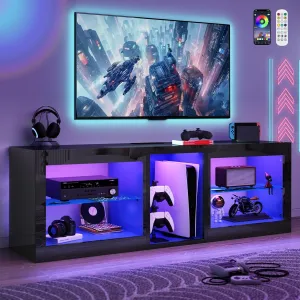 LED TV Stands W/Power Outlet for 50 55 60 65 70Inch TV,Black Entertainment Center W/70000-Colors Lights,High Gloss LED TV Console w/Adjustable Glass Shelves for Living Room Gameroom