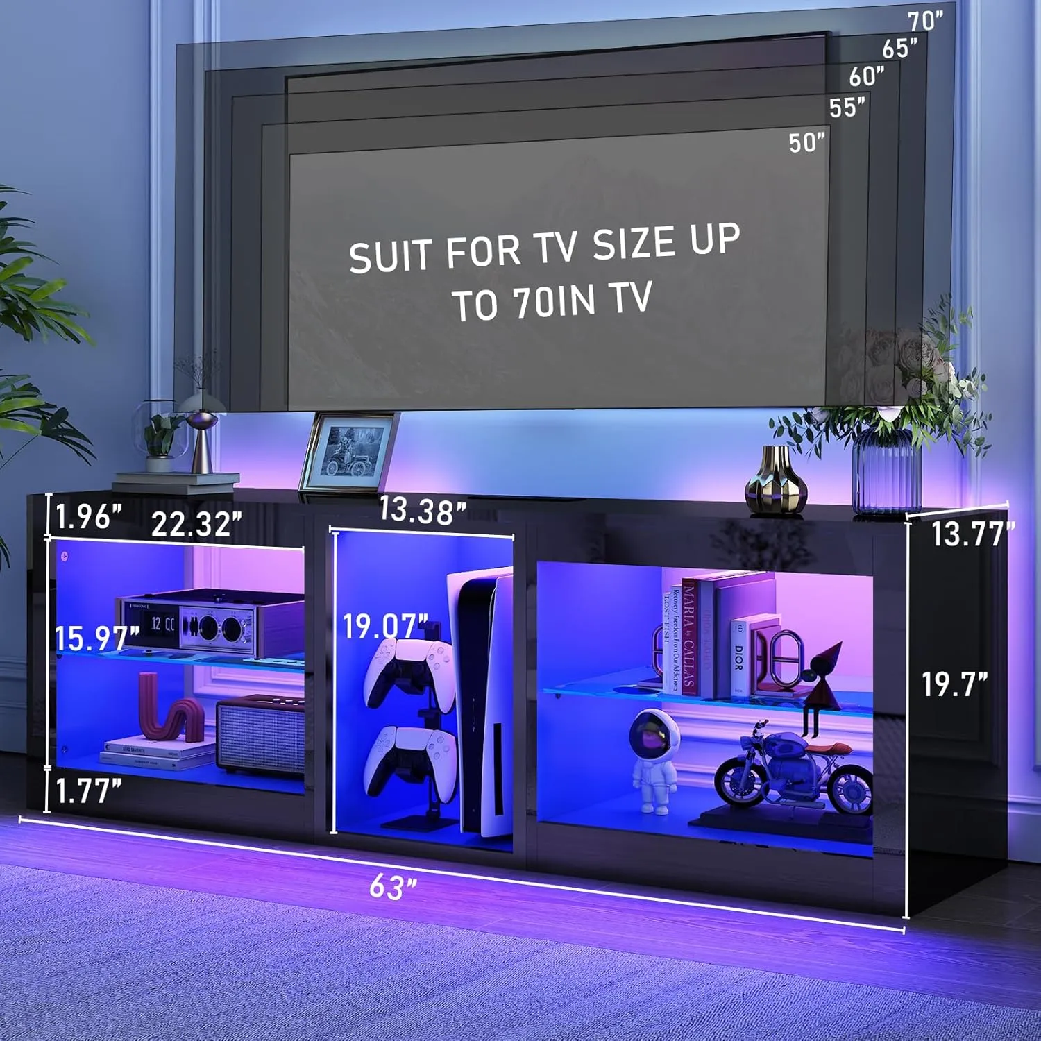 LED TV Stands W/Power Outlet for 50 55 60 65 70Inch TV,Black Entertainment Center W/70000-Colors Lights,High Gloss LED TV Console w/Adjustable Glass Shelves for Living Room Gameroom