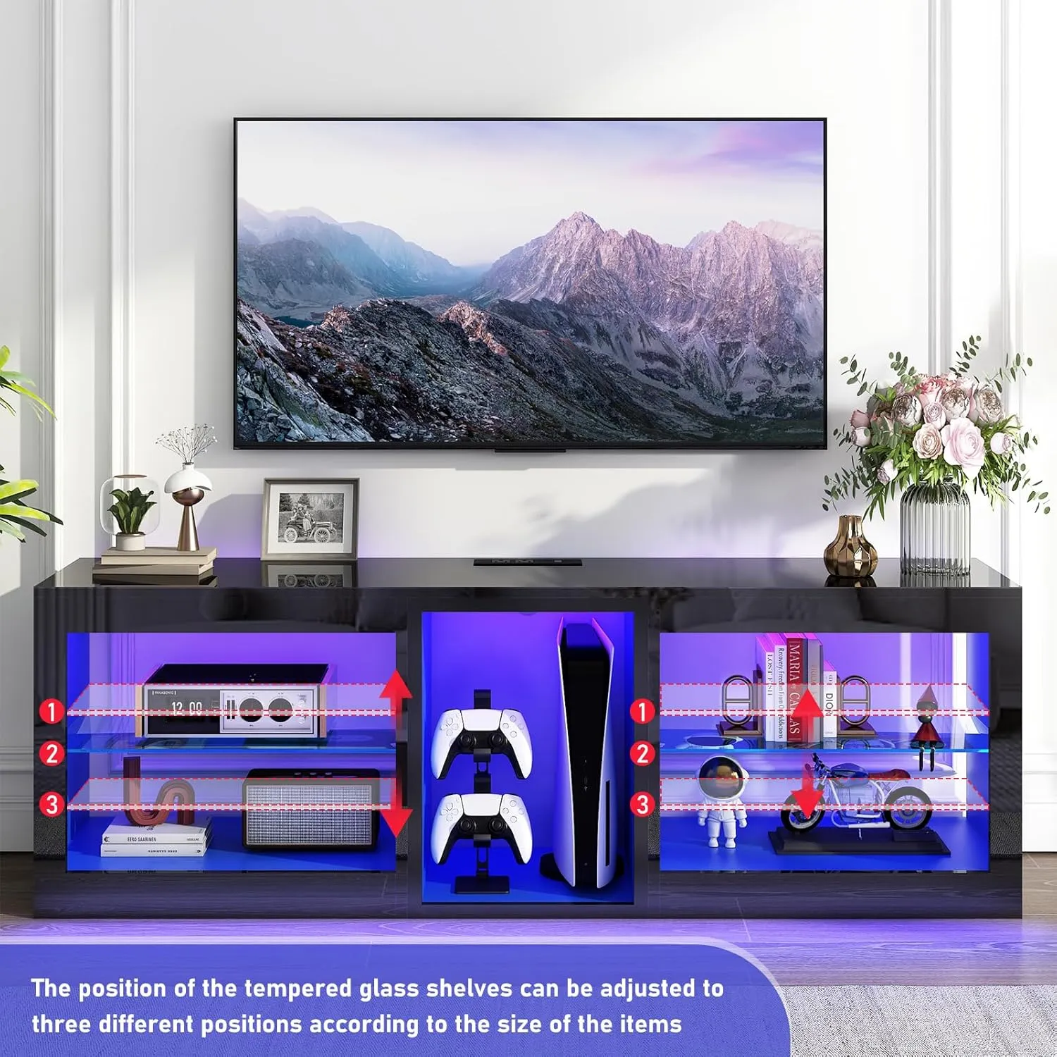 LED TV Stands W/Power Outlet for 50 55 60 65 70Inch TV,Black Entertainment Center W/70000-Colors Lights,High Gloss LED TV Console w/Adjustable Glass Shelves for Living Room Gameroom